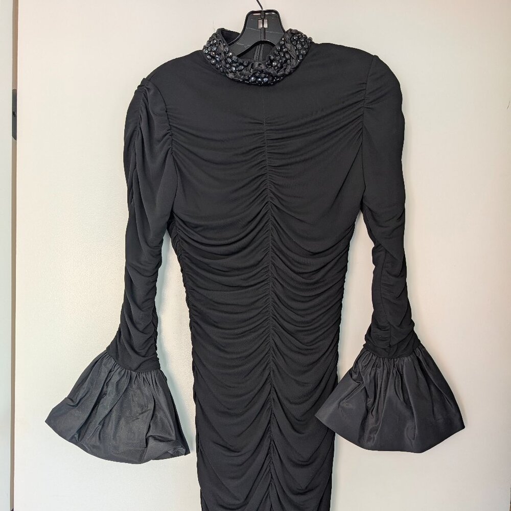 Black Ruched Statement Dress (Beaded Collar, Bell Sleeves)